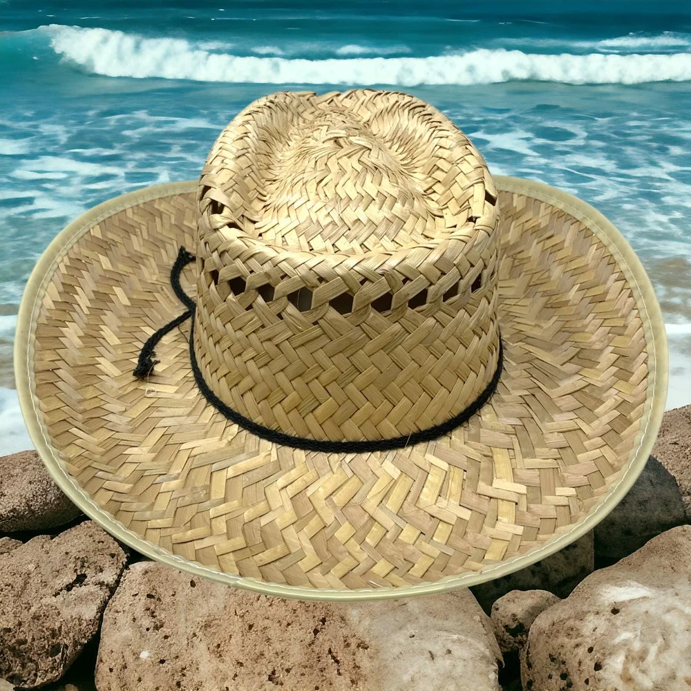 Vintage Cowboy Western Style Straw Raffia Hat Black Cord Twill Vents Costume O/S
